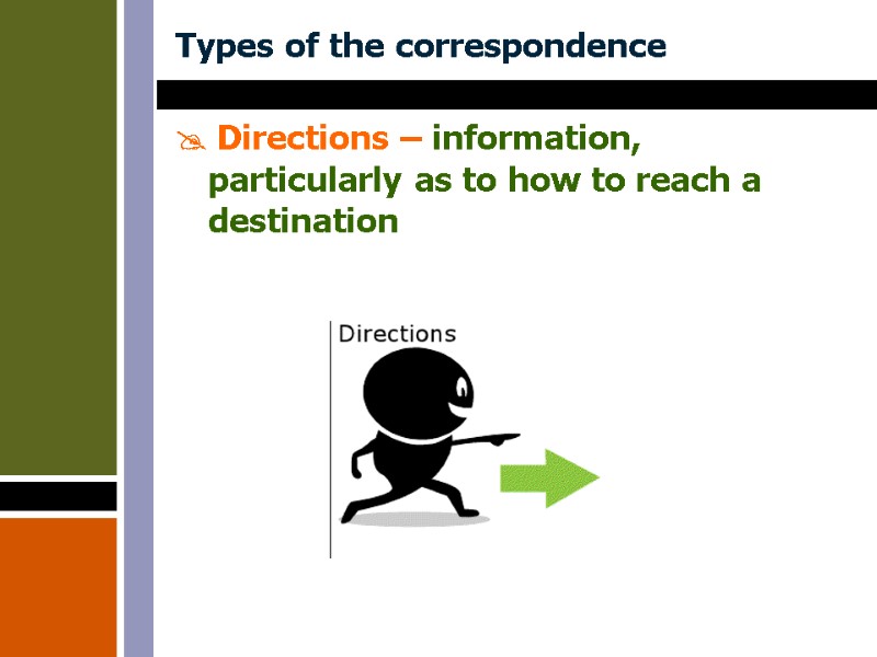 Types of the correspondence  Directions – information, particularly as to how to reach